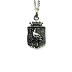 Zilveren hanger met ketting wapen van Den Haag ooievaar met kroon