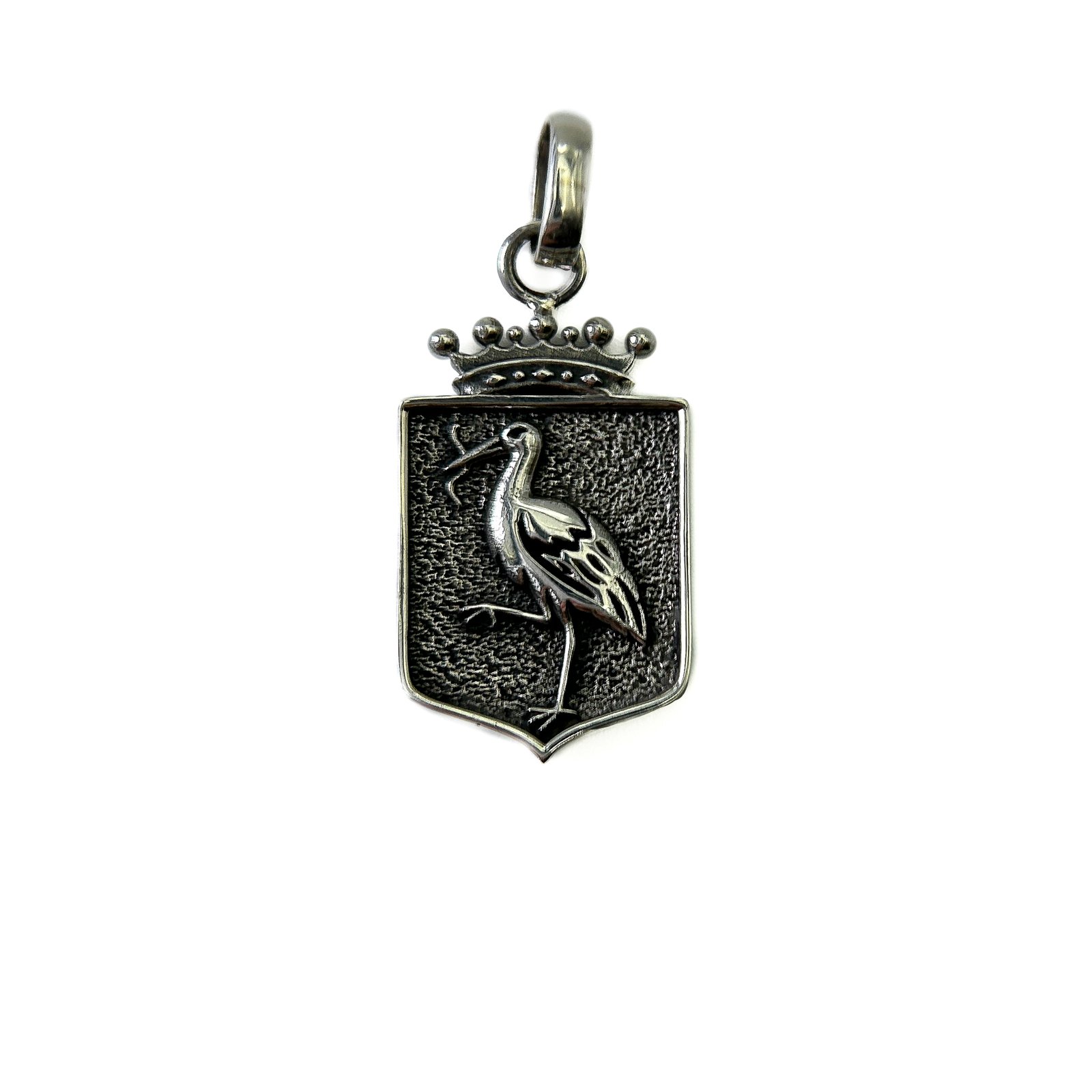 Zilveren hanger wapen van Den Haag ooievaar met kroon